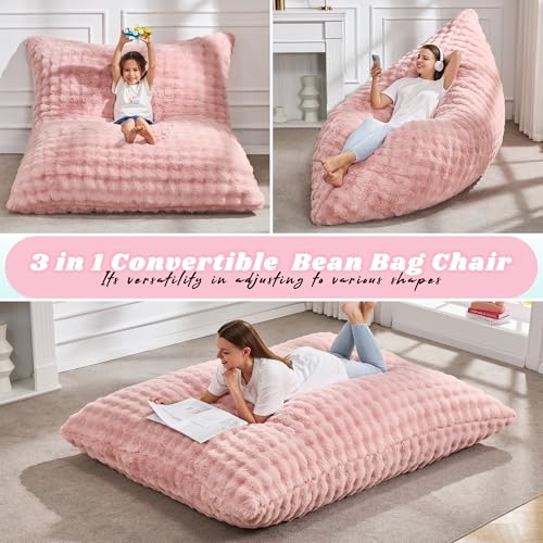 Hobestluk 3 in 1 Bean Bag Chair Giant Bean Bag Chairs for Adults with Bubble Cover Convertible Bean Bag Floor Cushion with Machine Washable Cover for Living Room (Bubble Pink) - color: Peach Pink
