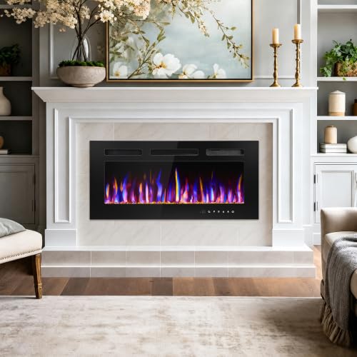 BETELNUT 36" Electric Fireplace Wall Mounted and Recessed with Remote Control, 750/1500W Ultra-Thin Wall Fireplace Heater W/Timer Adjustable Flame Color and Brightness, Log Set & Crystal Options - size: 36 Inch