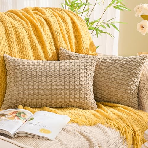 GAWAMAY Decorative Corduroy Lumbar Throw Pillow Covers 12x20 Inch Set of 2 for Living Room Couch Bed Sofa, Farmhouse Cushion Cover Soft Striped Neutral Pillow Cases Boho Home Decor (30x50cm) Beige - color: Beige, size: 20" x 12" (Pack of 2)