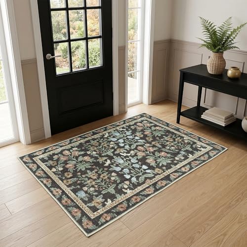Gold Black Washable Entry Rug 2x3 Small Rugs- Front Door Throw Rugs Indoor, Non-Slip Bathroom Mat, Vintage Floral Thin Rug Stain Resistance for Kitchen, Laundry, Boho Entryway Décor - color: Gold/Black/Multi, size: 2' x 3' (Rectangular)