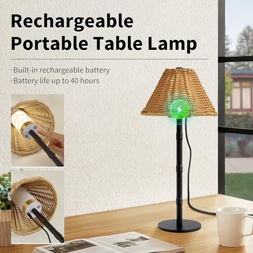 Mr.White Rechargeable Cordless Table Lamp with Wicker Shade, 5200mAh Battery Operated Portable Table Light with Touch Control, for Patio Restaurant Kitchen Dinner (Black) - color: Black+Wicker Lampshade