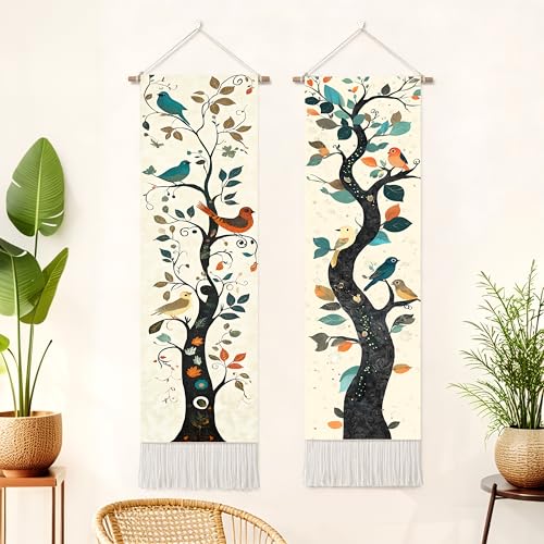 seewan 2 Pack Long Vertical Wall Tapestry, Boho Nature Landscape & Floral Aesthetic Wall Hanging for Bedroom Living Room Home Decor, Long Narrow Art Tapestry with Sunrise Mountain Botanical Designs, 13" × 51" (Boho Tree, 13"Wx51"H, Unframed) - color: Boho
