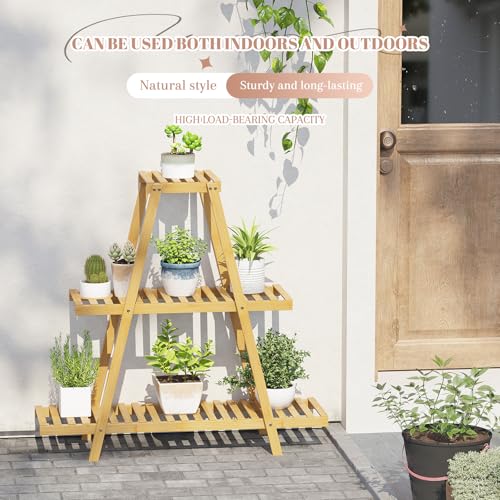 STDDRE Plant Stand For Indoor Outdoor Tiered Plant Shelf 3 Tier 8 Potted Bamboo Flower Holder Ladder Rack For Multiple Triangle Table Plant Pot Stand (Natural) - color: Natural