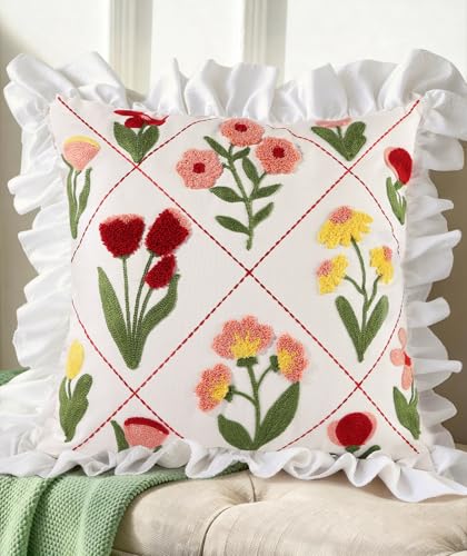 Embroidered Throw Pillow Cover - 18x18 Decorative Pillow Cover with Zipper Aesthetic Cute Design Boho Spring Summer Throw Pillowcase for Living Room Couch Sofa Bed, Ruffle Floral - color: Ruffle-floral, size: 18" x 18" (Pack of 1)