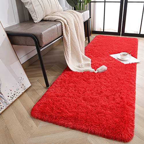 Jelymark Super Soft Shaggy Rug for Bedroom, 2x6 Feet Fluffy Carpet for Living Room, Fuzzy Indoor Plush Area Rug for Home Decor, Furry Floor Rugs for Dorm, Kids Nursery Rug for Girls, Red - color: Red, size: 2' x 6' (Rectangular)