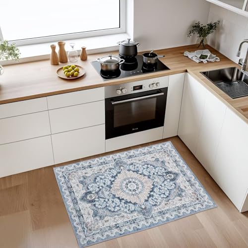 Macgace 2x3 Small Area Rug for Entryway, Soft Washable Rugs with Non-Slip Backing for Bedroom Kitchen, Vintage Throw Carpet Laundry Entry Door Decor, Blue & Beige - color: Blue & Beige, size: 2' x 3' (Rectangular)