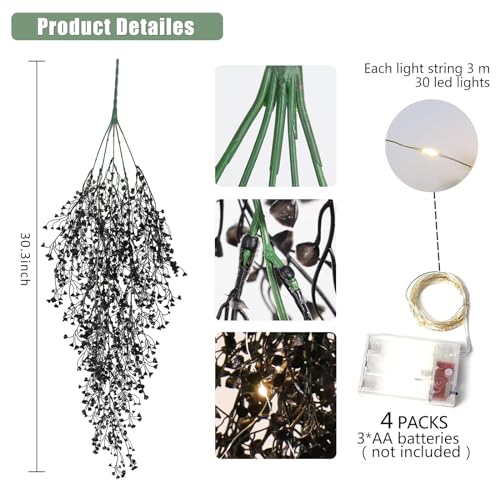 RECUTMS 2.5ft Artificial Hanging Plant with 30LED Lights Ferns Artificial Plants Large Faux Greenery Ivy 4pcs for Home Living Room House Wall Window Porch Office Wedding Decor (Black) - color: Black-light