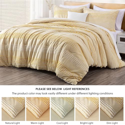 Chezmoi Collection 4-Piece Clip Jacquard Cotton Comforter Set King, Boho Chic Textured Striped Bedding with Chenille Textured Pillow Cushion, Pale Orange/White - color: Momo Pale Orange White, size: King