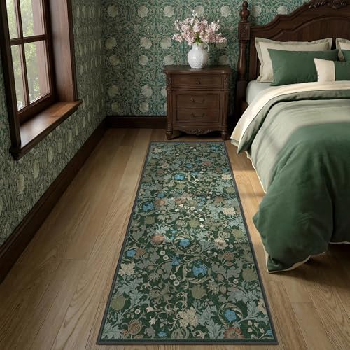 Forest Green Machine Washable Floral Runner Rug 2x6, Vintage Farmhouse Botanical Runner Rug, Non Slip Low Pile Thin Floor Rug for Hallway Kitchen Laundry Bedroom Bedside Indoor Entryway - color: Green, size: 2'x6'