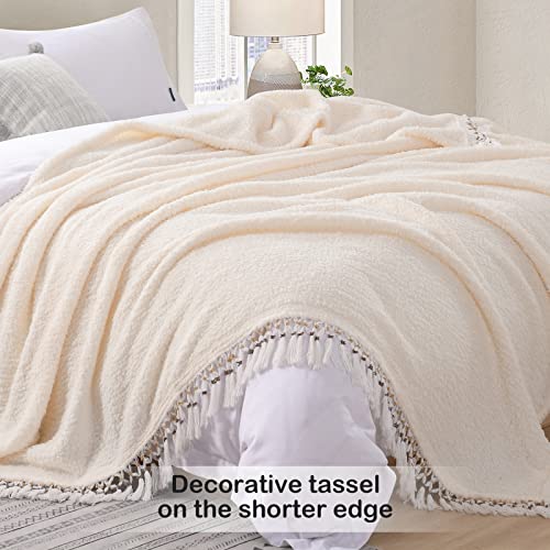 Ultra Soft Fleece Sherpa Blanket Queen Size,Lightweight Cozy Boho Bed Blanket with Decorative Tassel, Pattern Reversible, Antique White, 90”x90” - color: Antique White With Tassel, size: Queen-90" x 90"