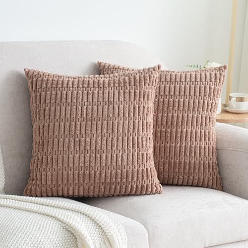 Decorative Throw Pillow Covers 18x18 Inch Set of 2, Corduroy Soft Striped Boho Couch Pillow Covers Modern Farmhouse Home Decor for Sofa Neutral Living Room Bed Light Brown - color: Light Brown, size: 18" x 18" (Pack of 2)