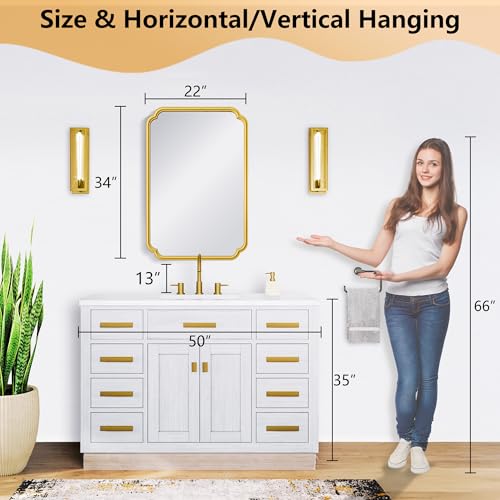 Ferytange 22x34 Inch Gold Bathroom Mirror, Metal Framed Wall Mirror with Rounded Edges, Rustproof Horizontal Vertical Hanging for Vanity Over Sink - color: Gold, size: 34"L x 22"W