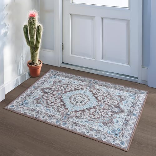 Foxmas Small Rugs for Entryway 2x3 Feet, Non-Slip Doormat Indoor Entrance Vintage Washable Area Rug, Low Pile Throw Rugs for Entryway Bedroom Kitchen Living Room, Brown - color: Brown/Blue, size: 2' X 3' (Rectangular)