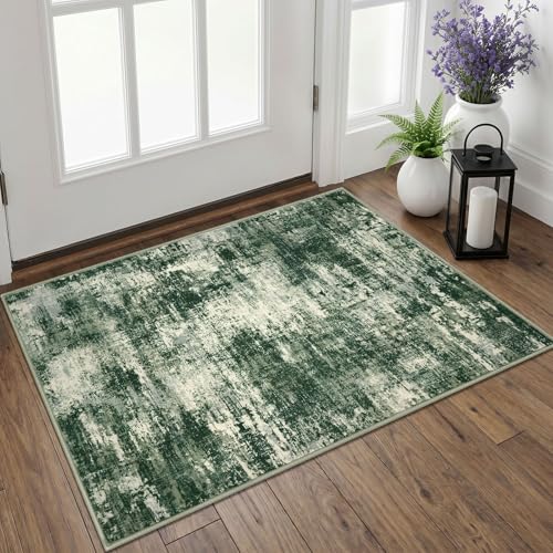 Lansny Abstract Small Area Rug 2x3 Entryway Rugs Washable Indoor Door Mat Entrance, Non Slip Kitchen Rugs, Rubber Backed Throw Rug Printed Faux Wool Floor Carpet for Front Door Foyer Entry Sink, Green - color: Green / Sage / Ivory, size: 2' x 3' (Rectangu