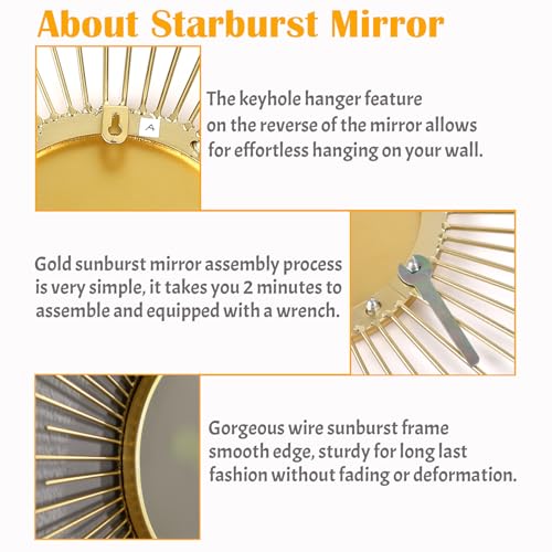 24'' Large Gold Sunburst Mirror, Metal Starburst Mirrors, Mid-Century Modern Sun Mirror Wall Decor for Living Room, Bedroom, Bathroom, Hallway, and Entryway - size: 24"L x 24"W