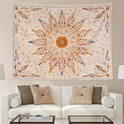 Fowocu Boho Floral Mandala Tapestry for Bedroom Aesthetic Watercolor Bohemian Flower Wall Tapestry Brown Beige Hippie Indian Tapestries Wall Hanging for Living Room Dorm Decor 60 x 44 Inch - color: Brown Yellow, size: 60"L x 44"W