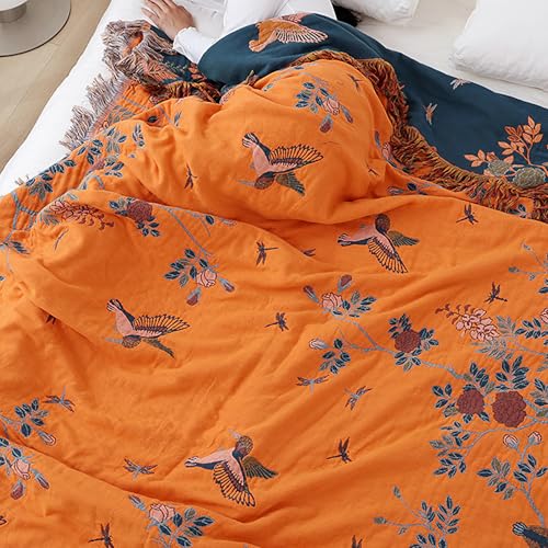 Snycler Boho Throw Blanket for Bed, 100% Organic Cotton Muslin Soft Throw-Floral Bird Farmhouse Rustic Spring Summer Fall Decor Blanket for Couch Sofa Quilt and Gift, 60" x 80" Orange - color: Orange Floral Bird, size: 60"x80"