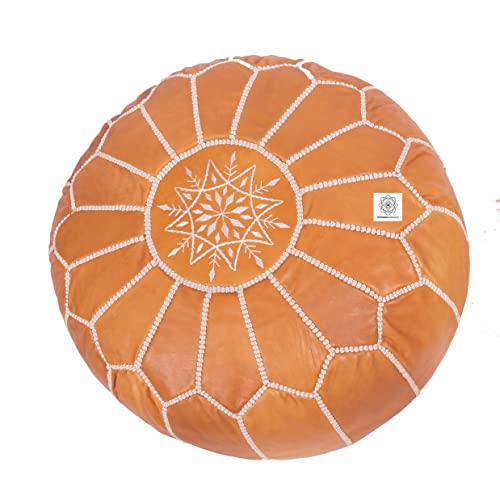Unstuffed Genuine Round Leather Pouf | Moroccan Ottoman Footstool, Footrest Cover | Super Soft Handmade Ottoman Faux Comes in 20" D x 20" W x 14" H