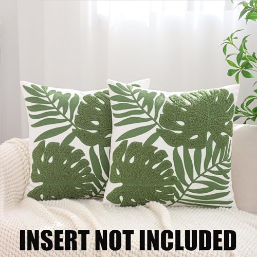 Embroidered Throw Pillow Covers 18x18 Pack of 2 Green Botanical Tropical Leaf Pillow Covers Beach Ocean-Themed Decorative Cushions Case Farmhouse Boho Plant Tufted Pillowcases for Summer - color: Green Tropical Leaf, size: 18" x 18" (Pack of 2)