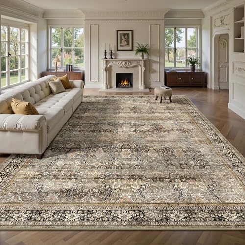 9x12 Area Rugs for Living Room - Washable Vintage Retro Large Rug, Soft Ultra Thin Non Slip Low Pile Traditional Distressed Boho Carpet for Bedroom Dining Room Home Office, Charcoal Olive - color: B-charcoal / Olive, size: 9x12