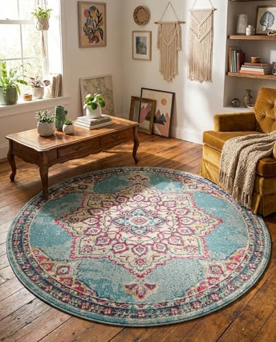 Rugs.com Fleur Collection Rug – 6' Round Light Blue Medium-Pile Rug Perfect for Kitchens, Dining Rooms - color: Light Blue 11, size: 6' (Round)