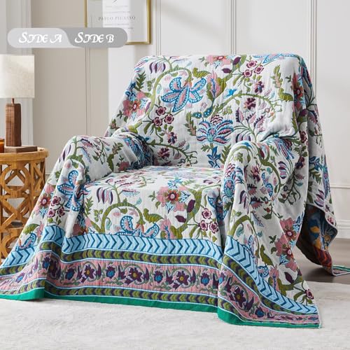 Boho Blanket Soft Muslin BohoThrow Blanket, 100% Cotton Floral Printed Farmhouse Decor All Season Reversible Rustic Throw for Sofa Couch Chair (White, 80"x90") - color: White, size: 80"x90"