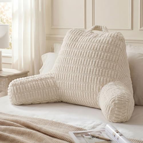 Blissful Diary Reading Pillow, Large Backrest Pillow with Shredded Memory Foam for Adult & Children, Designed for Bed and Couch Sitting Up, Includes Arms, Pockets and Washable Cover, Off White - color: Textured Off White, size: Large(20inch)