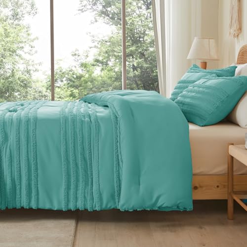 BEDELITE Boho Comforter Set Queen Size, Aqua Tufted Striped Bed Set 3 Pieces, Soft Vintage Farmhouse Comforter for All Seasons, Boho Home Decor,Fluffy Jacquard Bedding with 2 Pillow Shams - color: Aqua, size: Queen