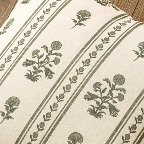 Decorative Vintage Striped Floral Throw Pillow Covers 18x18 Inch Set of 2 Dusty Green Farmhouse Boho Botanical Print Cushion Covers for Sofa Couch Chair Bedroom Living Room Summer Home Decor - color: Dusty Green, size: 18" x 18" (Pack of 2)