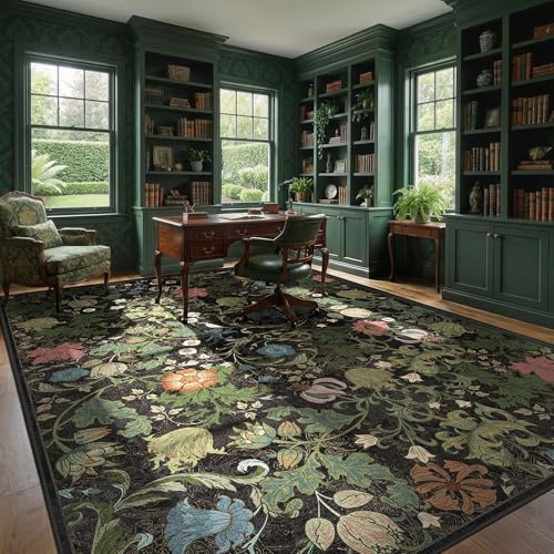 Floral Area Rugs 8x10 for Living Room, Washable Vintage Farmhouse Botanical Rug, Non Slip Low Pile Thin Floor Decor Large Carpet, Soft Decorative Rug for Bedroom Dining Room Home Office Black Green - color: Black, size: 8'x10'