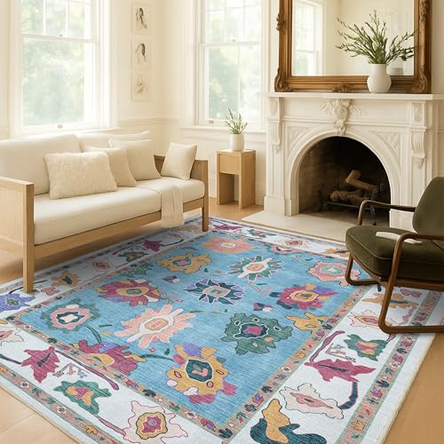 Fame Living Colorful Oushak Rug, Modern, Vintage, Turkish, Eclectic, Floral, Pastel, Washable, Area Rugs for Living Room, Dining, Bedroom, Office, Entryway, Foyer, Playroom, Nursery, 5'x6'9" - color: Navy Cream, size: 5' x 6'11" (Rectangular)