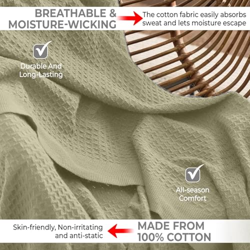 100% Cotton Blankets for Bed - Waffle Weave Blankets for Summer, Lightweight and Breathable Soft Woven Blanket for Spring (Olive Green, Throw (50" x 60")) - color: Olive Green, size: Throw (50" x 60")