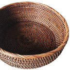 10 Inch Round Rattan Bowl Basket, Handmade Wicker Basket Tray with Scalloped Edge and 4”Deep Wall, Decorative Woven Dark Brown Bread Basket Fruit Bowl Key Holder Table Centerpiece, L - color: L - D9.8 x H3.5 inch