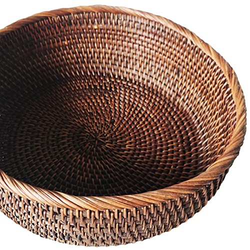 10 Inch Round Rattan Bowl Basket, Handmade Wicker Basket Tray with Scalloped Edge and 4”Deep Wall, Decorative Woven Dark Brown Bread Basket Fruit Bowl Key Holder Table Centerpiece, L - color: L - D9.8 x H3.5 inch