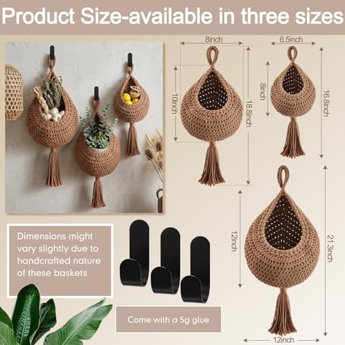 Honeydak Boho Decor Hanging Wall Baskets for Kitchen 3 Pack Teardrop Baskets with Hooks Storage Fruit Onion Vegetable Potato for Home 3 Sizes(White,Tassel,Cotton Rope) - color: White, size: Cotton Rope, style: Tassel Style