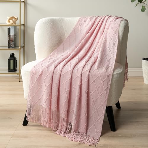 PAVILIA Light Pink Knit Throw Blanket for Couch Bed, Soft Knitted Farmhouse Sofa Throw for Living Room, Lightweight Decorative Summer Throw Blanket for Chair, Outdoor Textured Boho Blanket, 50x60 - color: Blossom Pink, size: 50 X 60 Inches - Throw