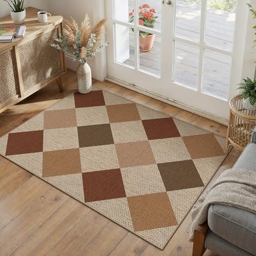 PureCozy 2x3 Checkered Easy Jute Kitchen Front Doormat Non Slip Washable Neutral Area Rug Diamond Non Shedding Low Pile Brown-Beige Checkerboard Floor Carpet for Farmhouse Entryway Porch Doorway - color: Multi Brown|checkerboard-1, size: 2' x 3' (Rectangu