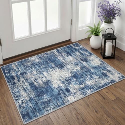 Lansny Abstract Small Area Rug 2x3 Entryway Rugs Washable Indoor Door Mat Entrance, Non Slip Kitchen Rugs, Rubber Backed Throw Rug Printed Faux Wool Floor Carpet for Front Door Foyer Entry Sink, Blue - color: Navy Blue / Slate Blue / Ivory, size: 2' x 3'