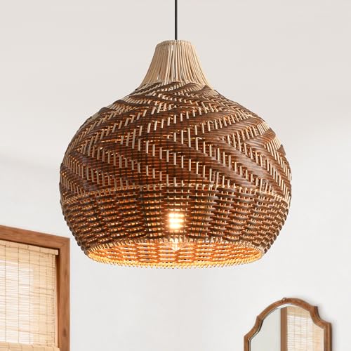 Bohemian Pendant Light, 19" Handwoven Rattan Chandelier, Farmhouse Ceiling Light with Adjustable Cord, Natural & Brown Hanging Light Fixture for Kitchen Island, Dining Room, Bedroom, Living Room - color: D3053