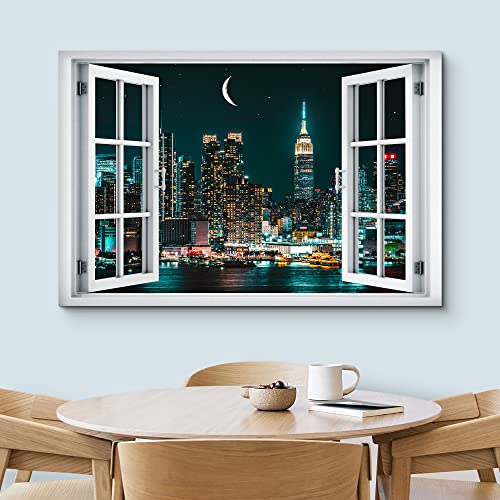 wall26 Canvas Print Wall Art Window View Futuristic Night New York City Skyscraper Wilderness Nature Photography Realism Urban Landscape Colorful Multicolor for Living Room, Bedroom, Office - 12"x18" - color: A34-2204-win24, size: 18"L x 12"W