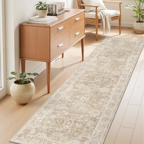 Madane Runner Rug 2x8 for Hallway, Kitchen Non-Slip Runner Rug with Rubber Backing, Vintage Soft Low Pile Throw Neutral Carpet Runner for Laundry Room Entryway Bathroom Bedroom (2 x 8, Beige/Brown) - color: Beige/Brown, size: 2' x 8' (Runner)