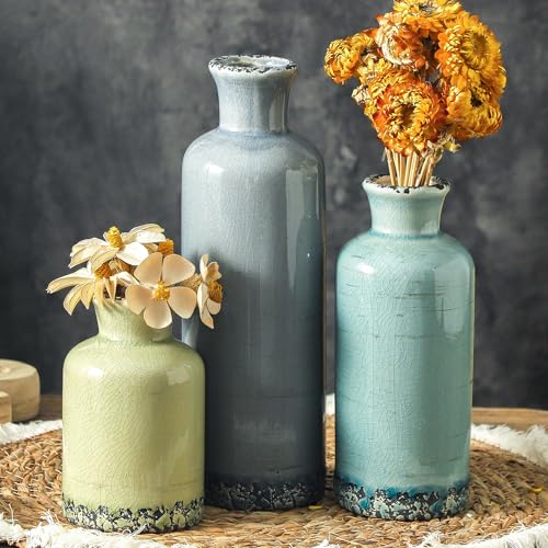 Flower Vase Set of 3, Ceramic Neutral Vases Home Decor, Pottery Rustic Farmhouse Decorative Vases Modern Decor for Table Mantel Entryway Bookshelf Living Room Kitchen Bedroom - Multicolor - color: 007 Rustic - Blue