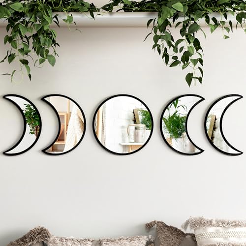 5-Piece Black Acrylic Moon Phase Wall Mirror Set - Shatterproof Safety Design, Easy Stick-On Installation, Boho Celestial Decor for Bedroom Living Room - color: Black