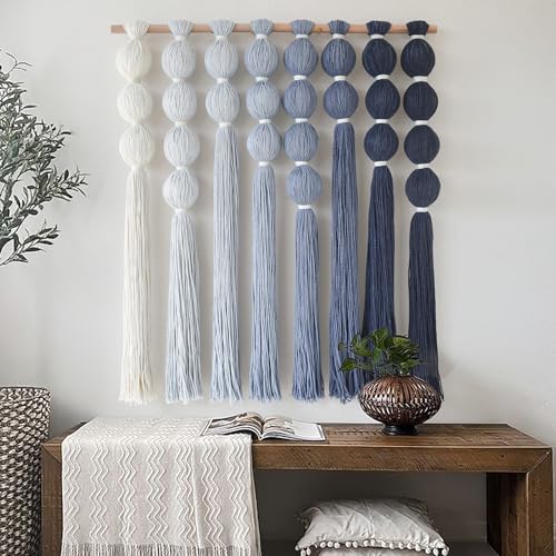 IOWER Macrame Wall Hanging Blue Yarn Wall Art Tassel Wall Decor with Knotted Ball Design Bohemian Wall Decor for Living Room Bedroom Home Backdrop 27" W x 31" L - color: Blue