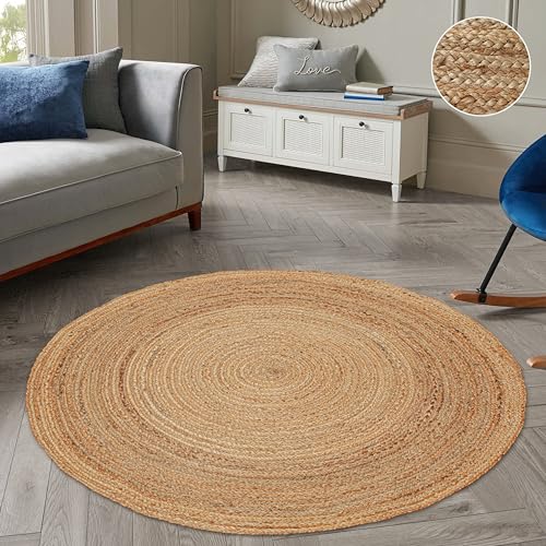 Hand Woven Jute Area Rug - 8' Round - Rustic Beige Reversible Farmhouse Rugs for Living Room, Bedroom, Kitchen - Vintage Natural Braided Entry Floor Décor Circle Boho Round Rugs 8ft - color: Natural 1, size: 8' (Round)