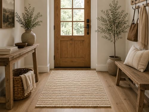 FRELISH DECOR Runner Rug, 3x5 Feet - Premium Wool & Jute Blend Handwoven Rug - Natural Fiber Chunky Stripe Design for Hallway, Entryway, Bedroom, and Dining Area: Natural Ivory - size: 3' x 5' (Rectangular)