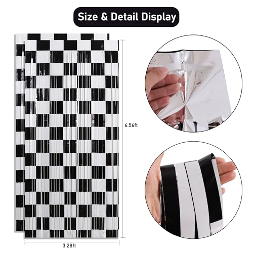 TONIFUL 2 Packs Race Car Checkered Foil Fringe Curtains 3.3 x 6.6 ft | Black and White Metallic Tinsel Streamers Curtain Backdrop for Race Car Themed Birthday Sports Party Photo Booth Decorations - color: Checkered