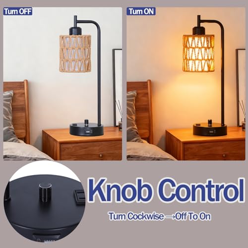 Rattan Table Lamps Set of 2, Boho Desk Lamps with USB Charging Ports and Outlet, Bohemian Bedside Lamps with Rattan & Linen Shade, Farmhouse Black Lamp for Living Room Bedroom Office