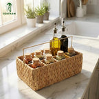 Water Hyacinth Woven Storage Basket with 5 Compartments – Divided Wicker Organizer Tray with Thin Foldable Handle for Kitchen Countertop, Bathroom, Office Desk, Dining Caddy. Natural Chunky Weave