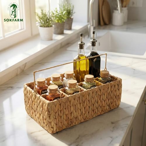 Water Hyacinth Woven Storage Basket with 5 Compartments – Divided Wicker Organizer Tray with Thin Foldable Handle for Kitchen Countertop, Bathroom, Office Desk, Dining Caddy. Natural Chunky Weave